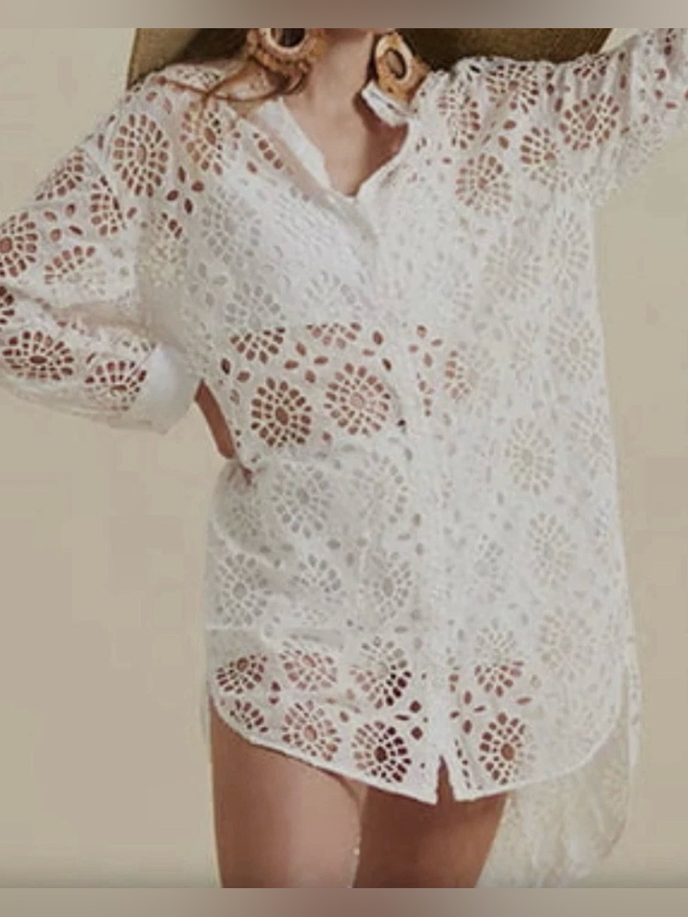 Anne Fontaine Casilde White Embroidered Eyelet long Shirt